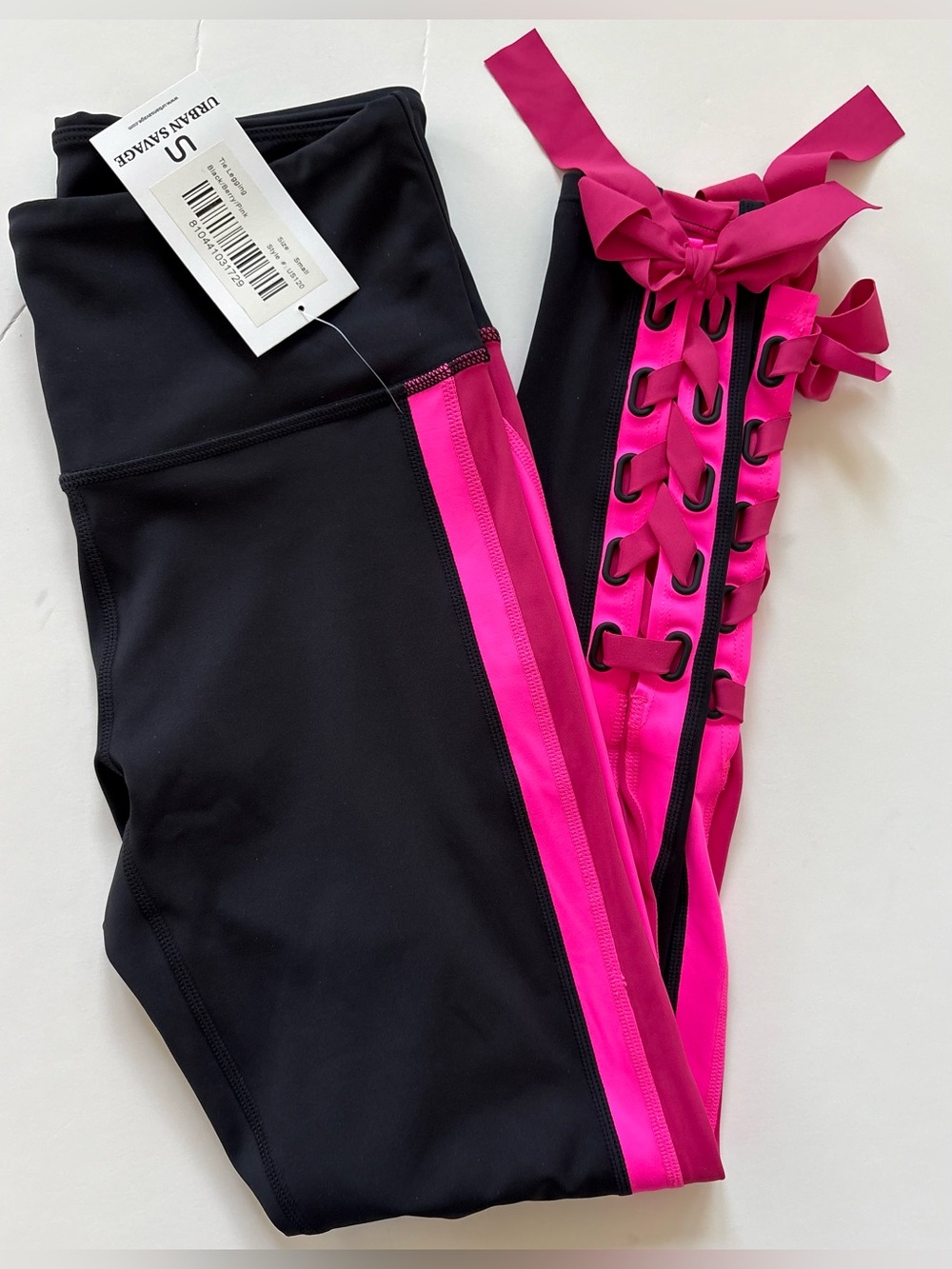 Urban Savage Tie Black Leggings with Hot Pink Side Stripes Small-NWT